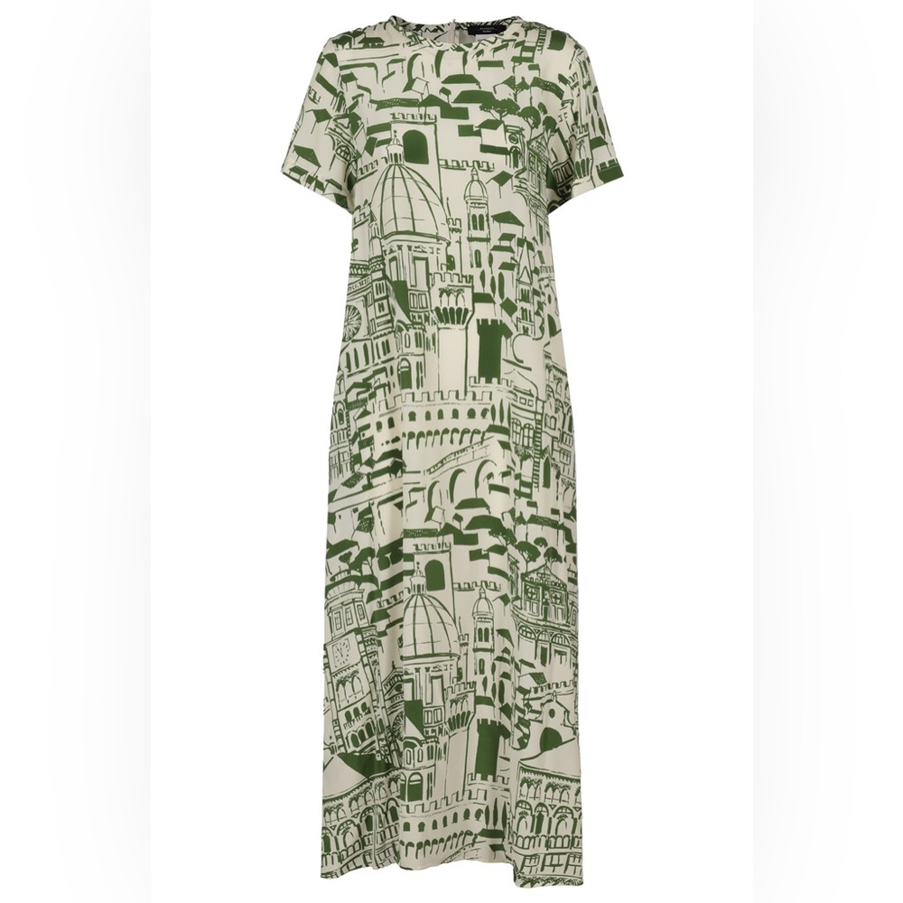 Womens Green Aral Graphic-print 100%Silk Maxi dress short sleeve